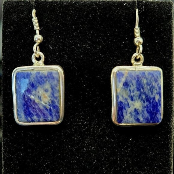 Vintage SI 925 Silver & Sodalite Drop Earrings Rectangular Estate Hook Earwires - Picture 1 of 10